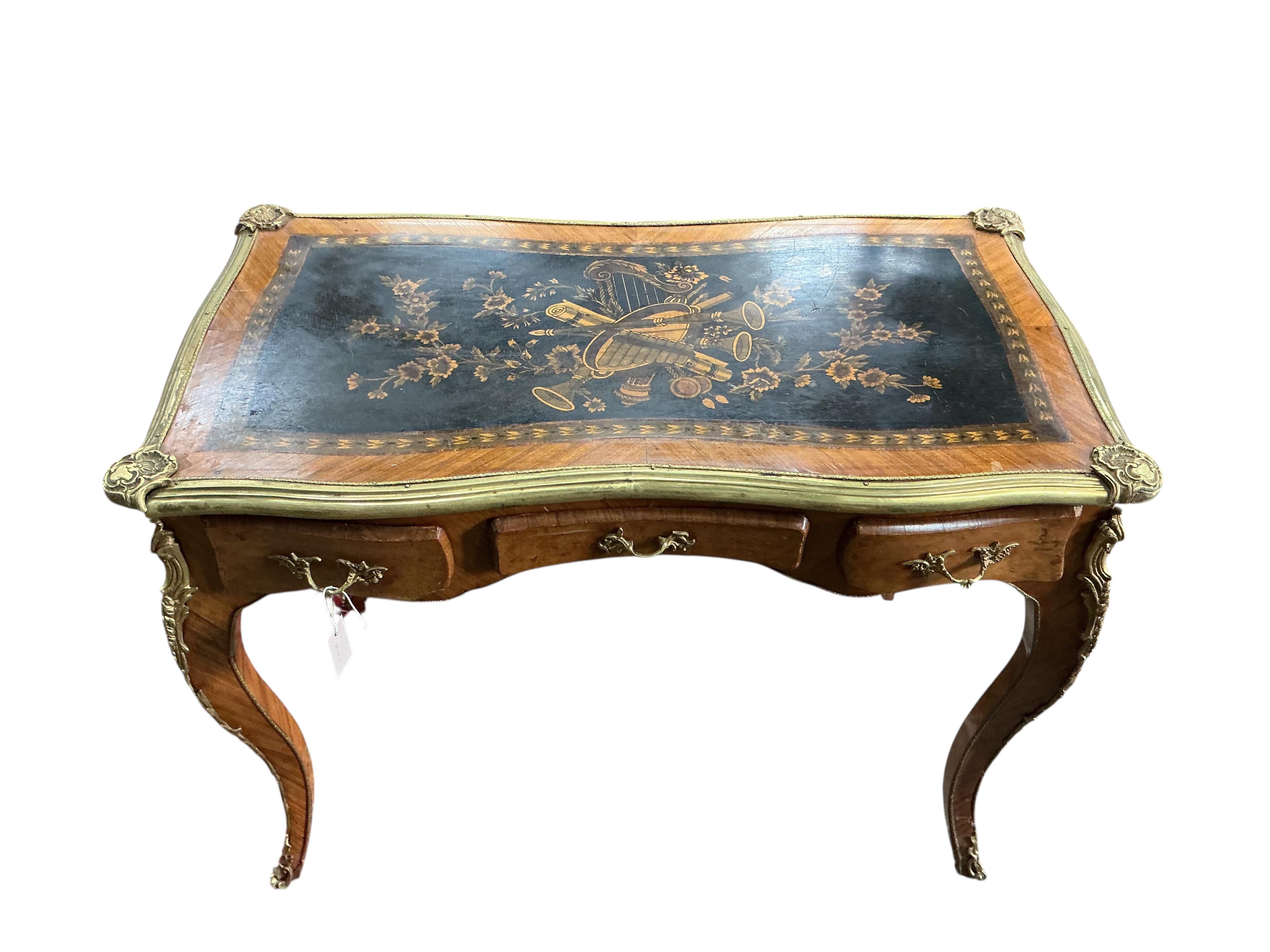 A Louis XVI style gilt metal mounted kingwood bureau plat, width 102cm, depth 55cm, height 80cm